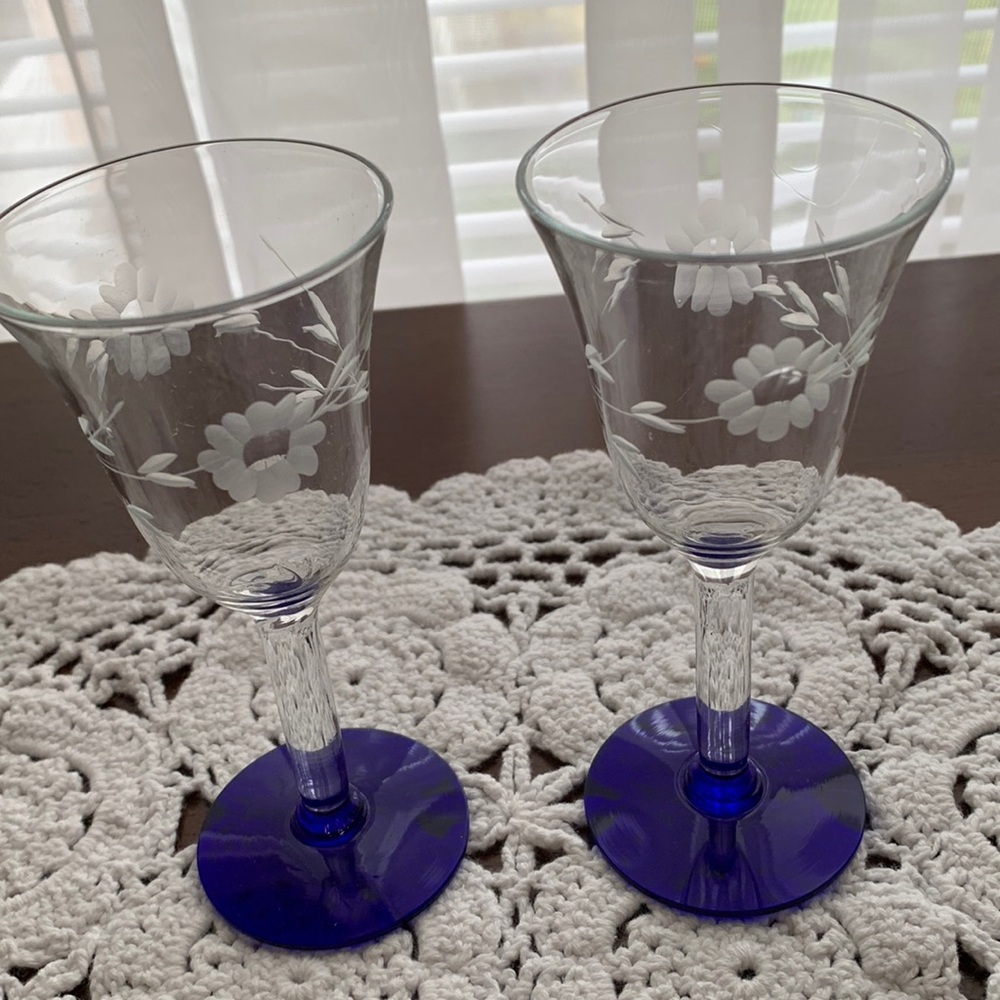 Vintage Floral Etched Stem Glasses with Cobalt Blue Base Set of 2